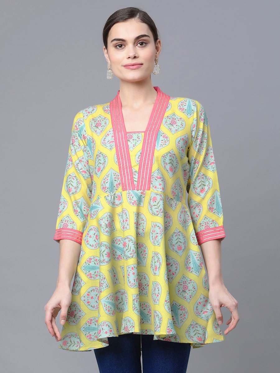 Ahalyaa Women Cotton Blend Lemon Yellow Digital Printed Tunic | Grocsy