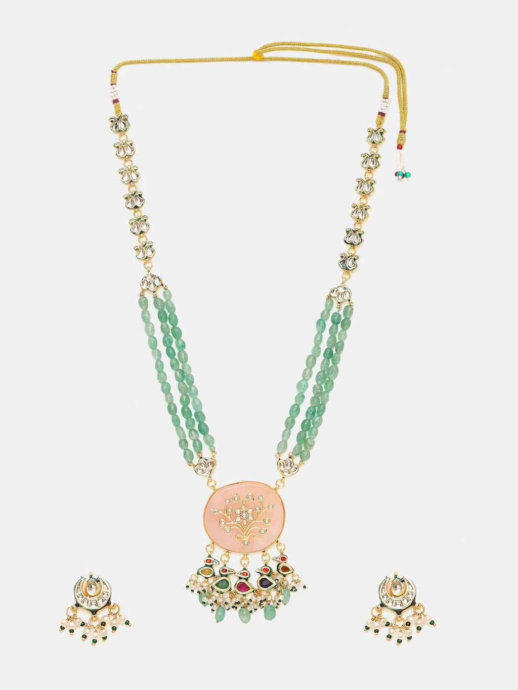 Ruby Raang Gold Polished Green Long Kundan And Stonework Necklace With Earrings | Grocsy
