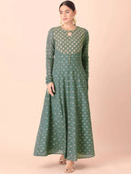 Indya Green & Gold-Toned Ethnic Motifs Printed Georgette Anarkali Kurta | Grocsy