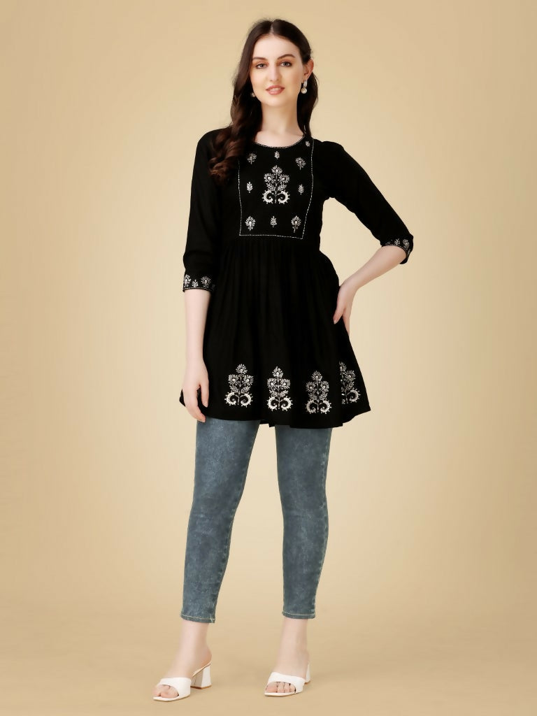 Jyoti Fashion Women's Black Viscose Rayon Embroidered Casual Top | Grocsy