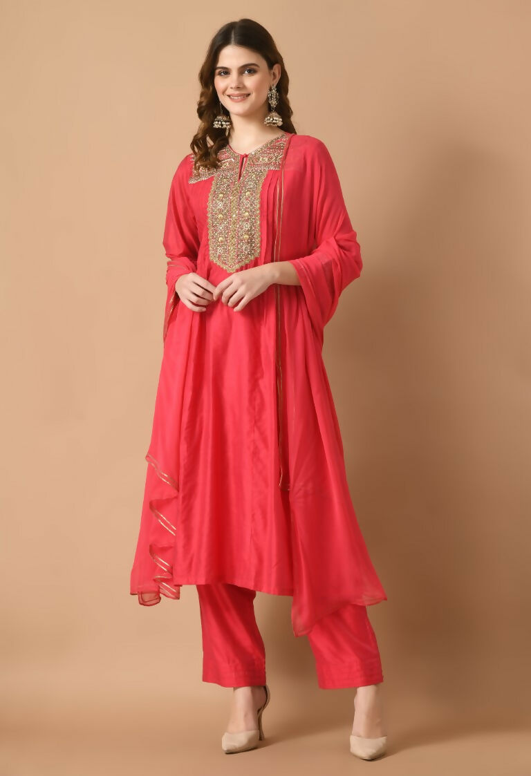 Joban Fashion Red Chanderi Kurta Set | Grocsy
