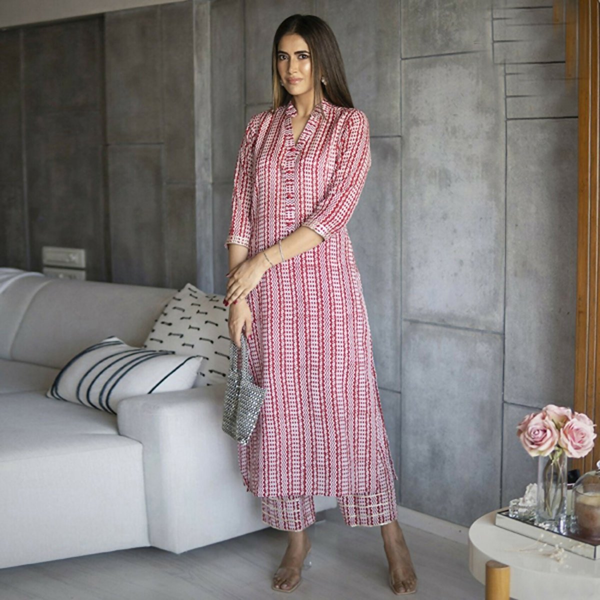 Aayaa Pure Muslin printed Kurti & Pant - Maroon red | Grocsy