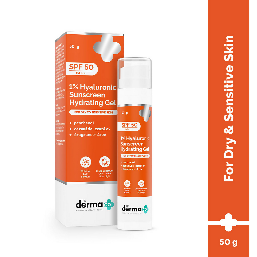 The Derma Co 1% Hyaluronic Sunscreen Hydrating Gel SPF 50 PA ++++ | Grocsy