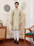 Beige Viscose Woven Jacquard Work Men's Rajwadi Kurta Set - Mahotsav | Grocsy