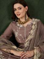 Sangria Floral Embroidered Mirror Work Straight Kurta, Trouser & Dupatta Set | Grocsy