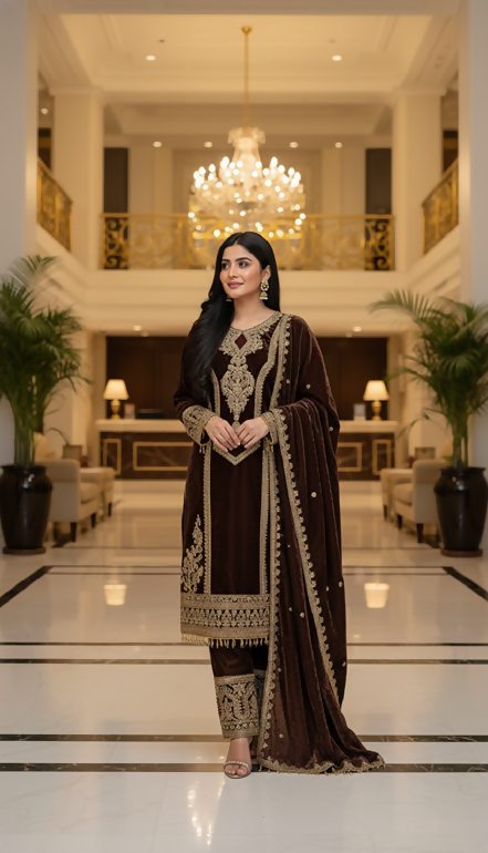 Teeya Creation Coffee Color Velvet Fabric Designer Embroidery Work Suit | Grocsy