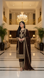 Teeya Creation Coffee Color Velvet Fabric Designer Embroidery Work Suit | Grocsy