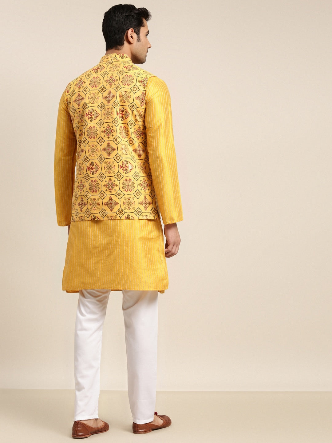 Sojanya Men Mustard Yellow Kurta with Churidar & Nehru Jacket | Grocsy