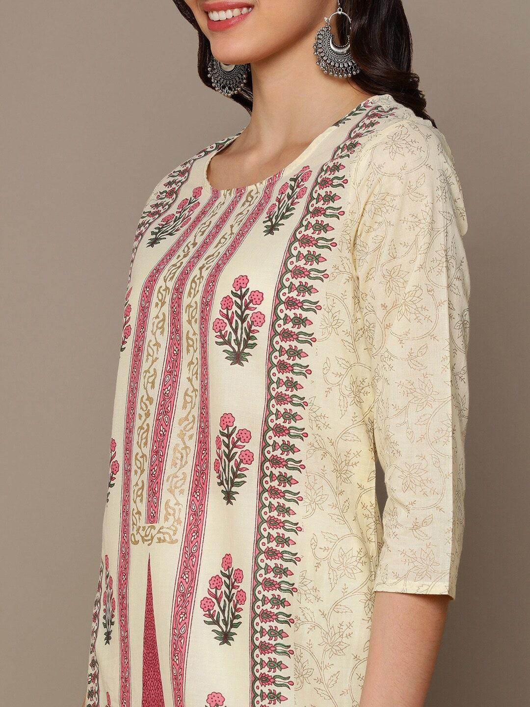 HERE&NOW Cream-Color & Pink Floral Printed Straight Kurta | Grocsy