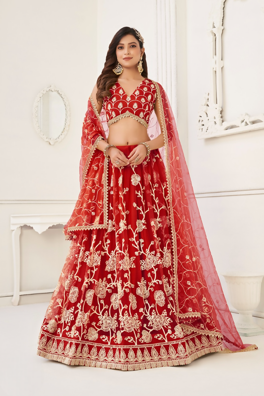 Eilara Women'S Red Butterfly Net With Sequins And Embroidery Work Lehenga Choli For Wedding | Grocsy