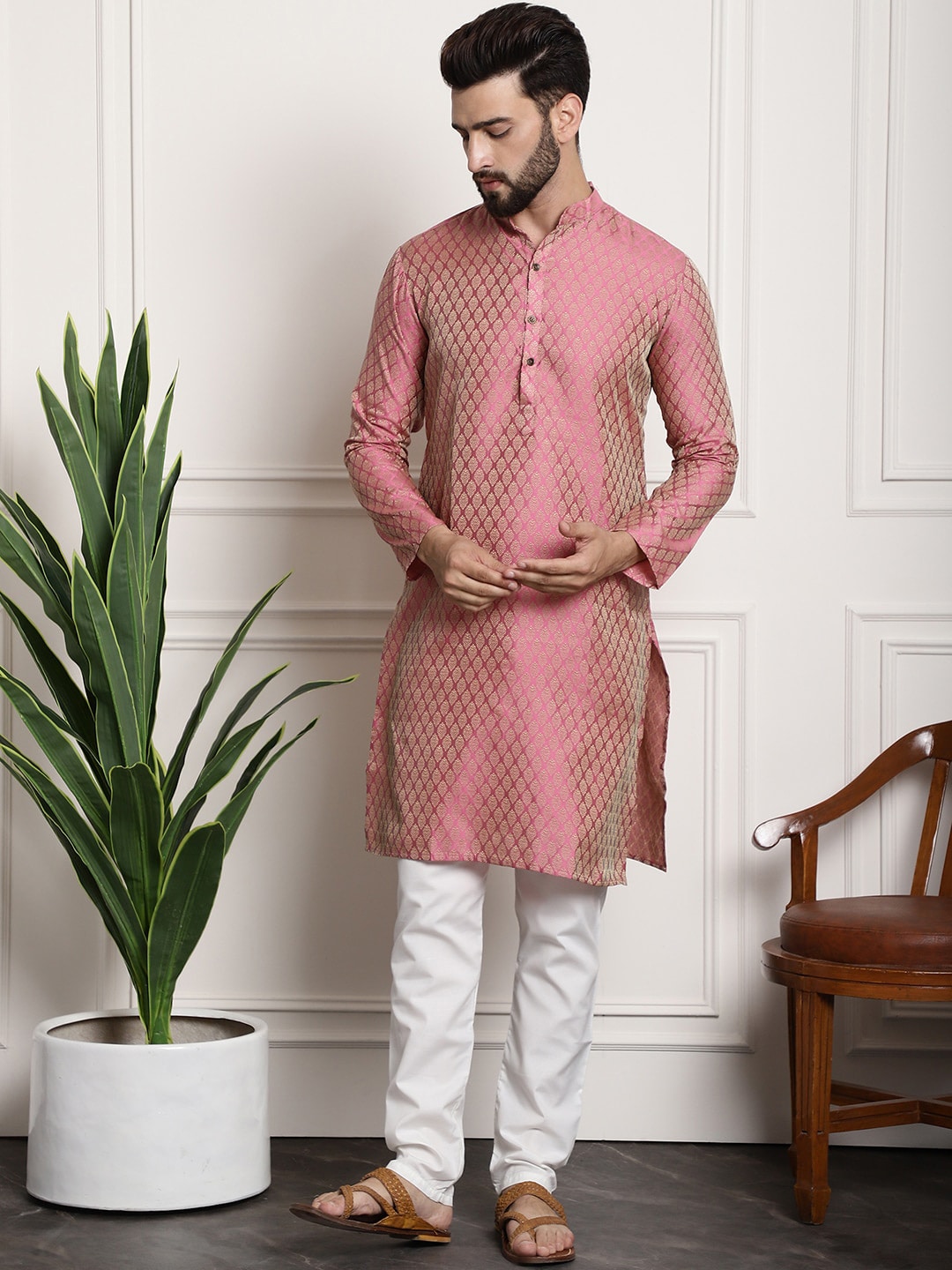 Sojanya Woven Design Mandarin Collar Kurta with Churidar & Nehru Jacket | Grocsy
