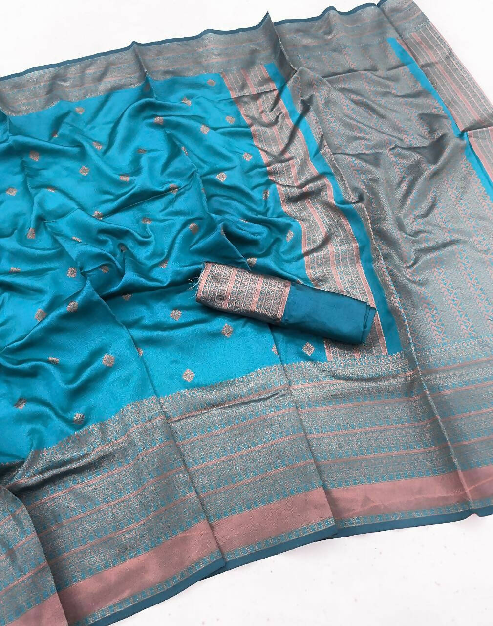 DEIANA'S Beautiful Designer Golden zari Soft Lichi Silk Saree - Firozi | Grocsy