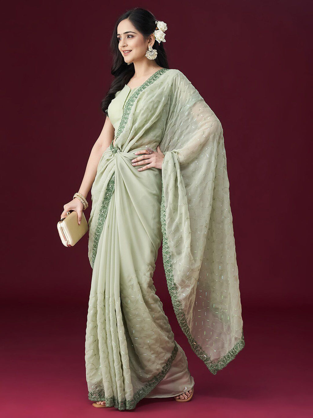 kasee Floral Embroidered Embellished Mirror Work Saree | Grocsy