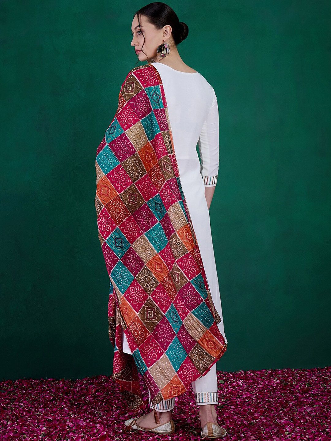 Sangria Floral Yoke Embroidered Straight Kurta & Trousers With Dupatta | Grocsy