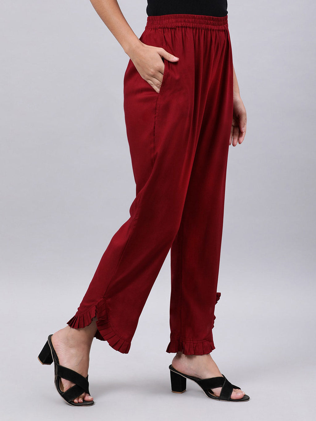 Souchii Women Maroon Solid Pleated Ruffled Liva Palazzos | Grocsy