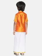 Sethukrishna Boys Orange & White Solid Shirt with Pure Cotton Dhoti Set | Grocsy