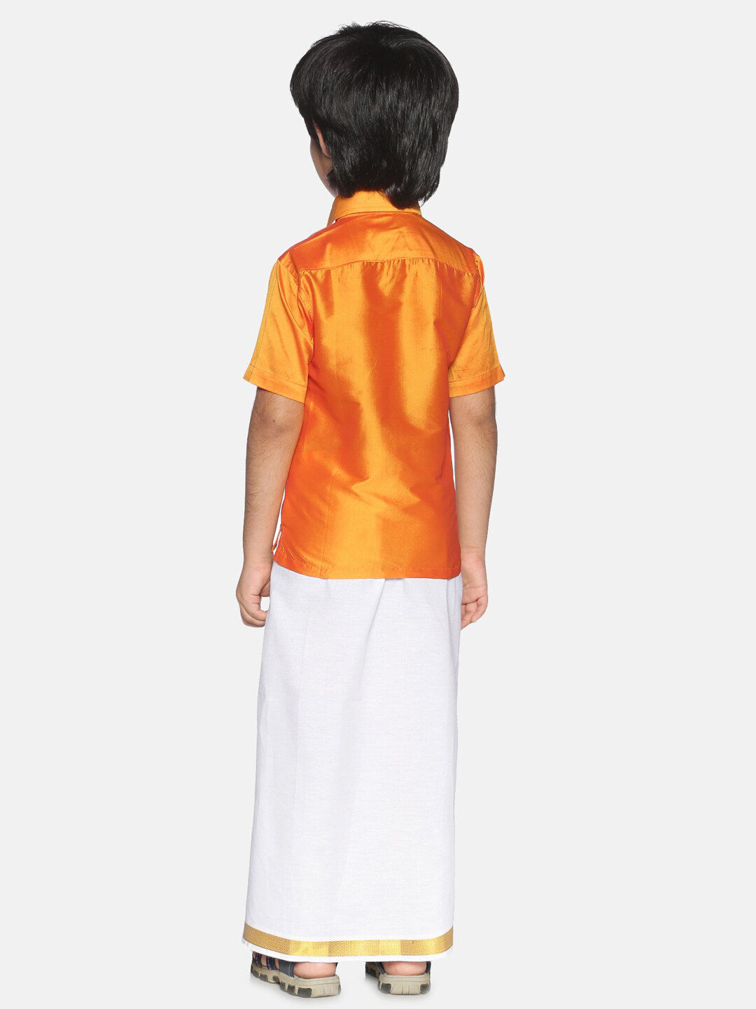 Sethukrishna Boys Orange & White Solid Shirt with Pure Cotton Dhoti Set | Grocsy