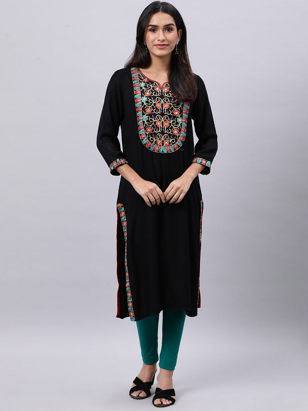Souchii Black Geometric Yoke Design Thread Work Grandeur & Majestic Artwork Kurta | Grocsy