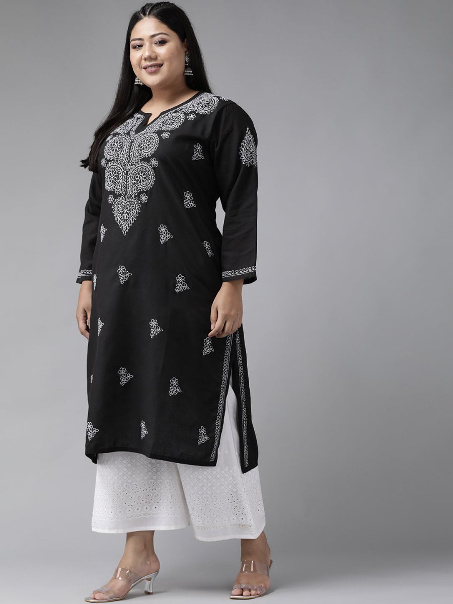 ADA Women Plus Size Black & White Chikankari Hand Embroidered Sustainable Straight Kurta | Grocsy