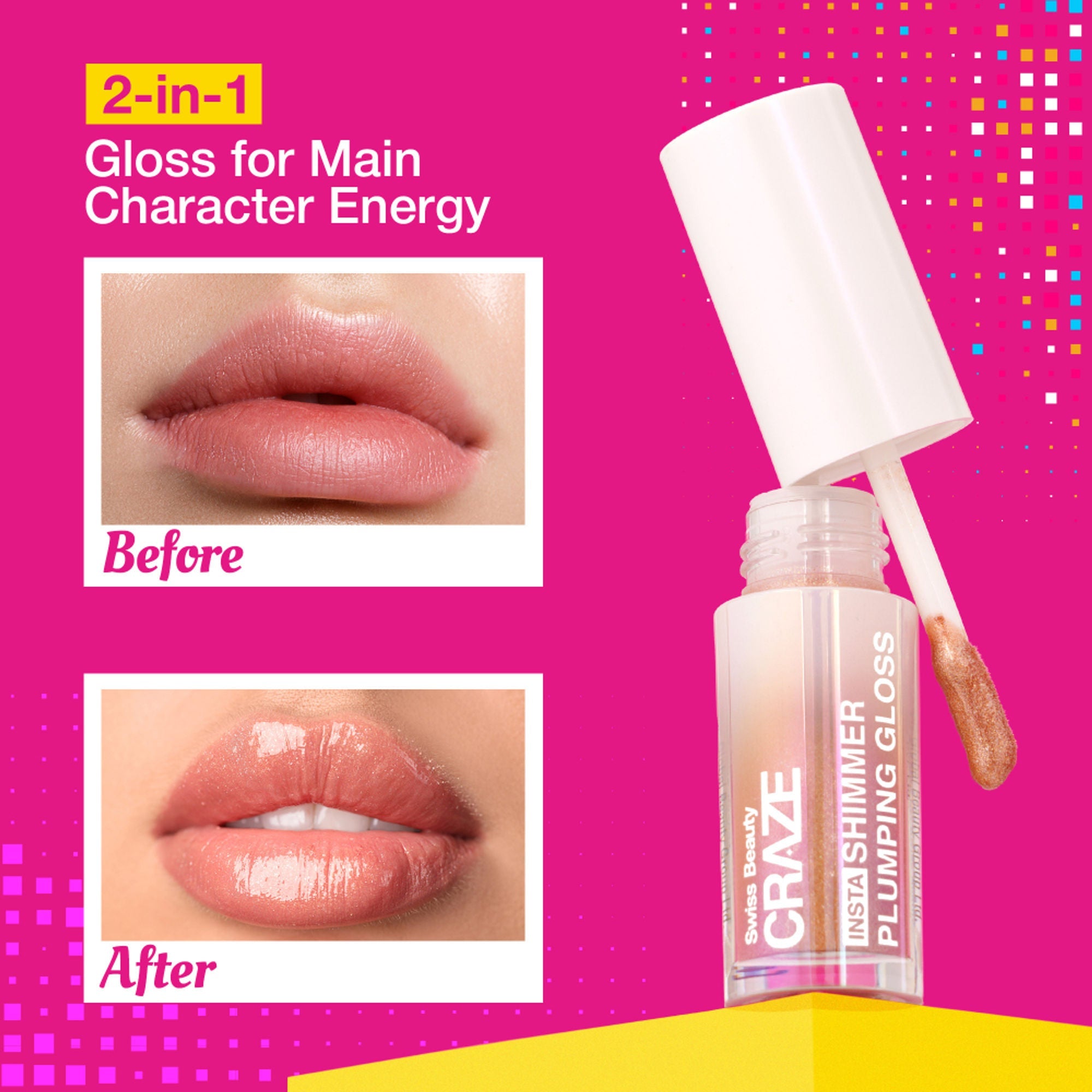 Swiss Beauty CRAZE Insta Shimmer Plumping Gloss |Super Glossy | Non-sticky & Moisturising 1 Main Character | Grocsy