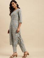 Sangria Floral Printed Mirror Work Pure Cotton Kurta With Trouser & Dupatta | Grocsy