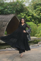 Jyoti Fashion Women's Black Faux Blooming Butti Work Kurta with Trouser & Dupatta | Grocsy
