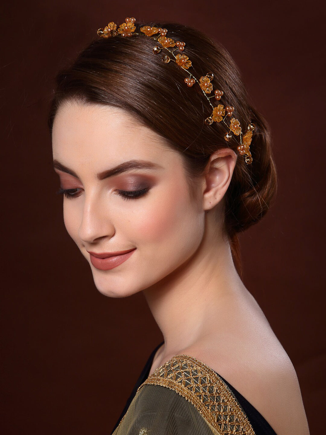 Panash Women Gold-Toned & Yellow Beaded Tiara | Grocsy