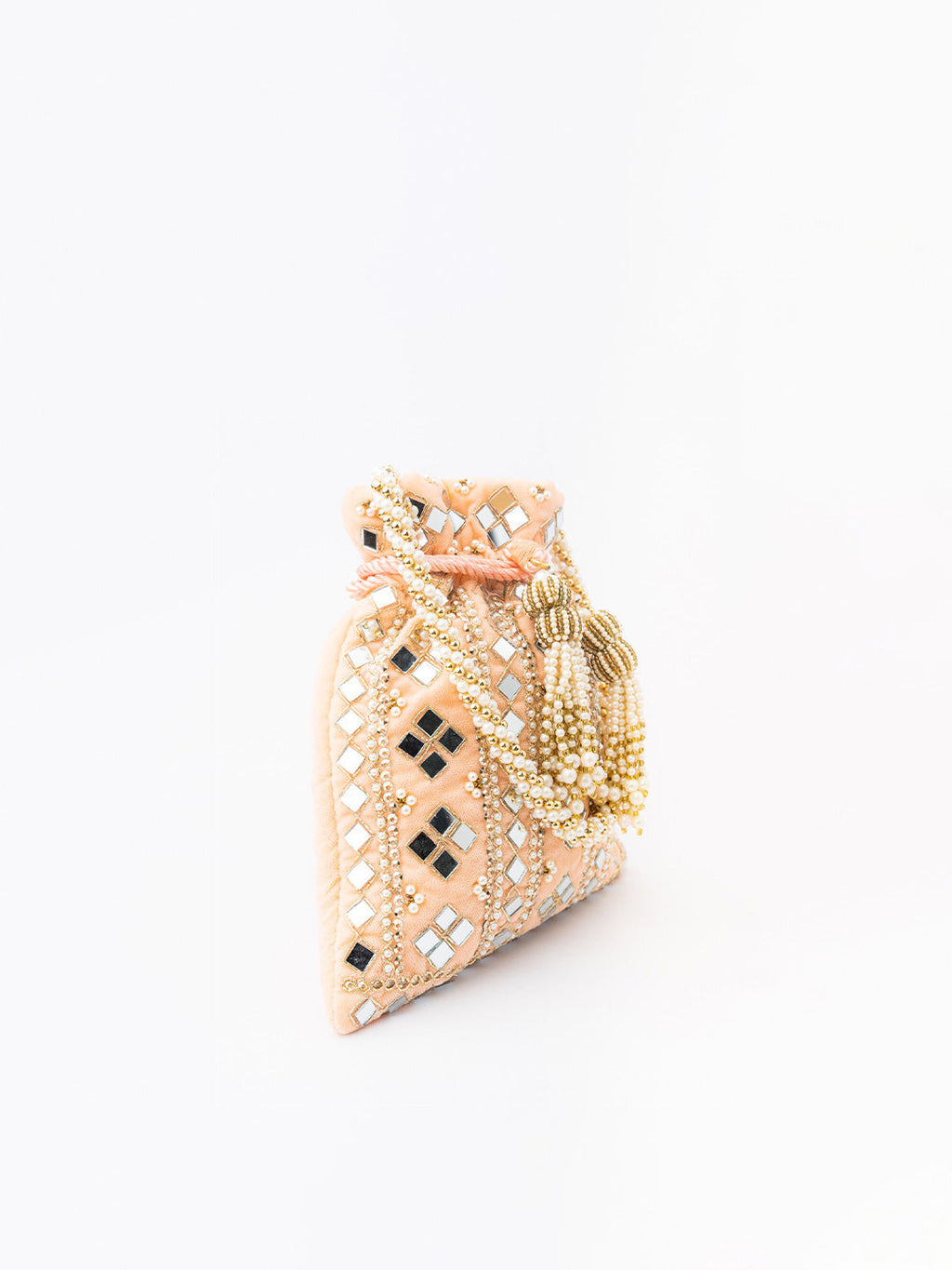 NR By Nidhi Rathi Peach-Coloured & White Embroidered Potli Clutch | Grocsy