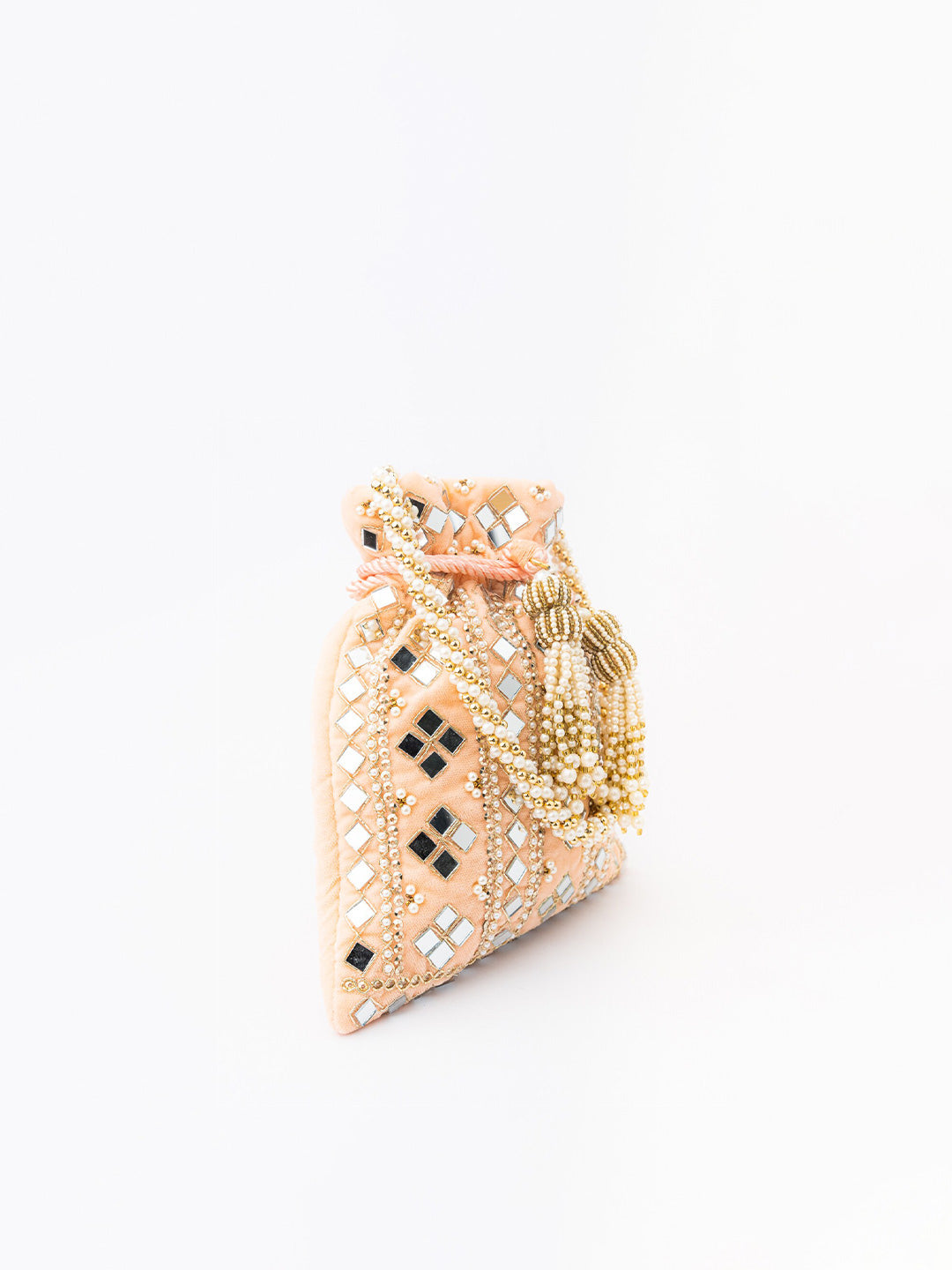 NR By Nidhi Rathi Peach-Coloured & White Embroidered Potli Clutch | Grocsy