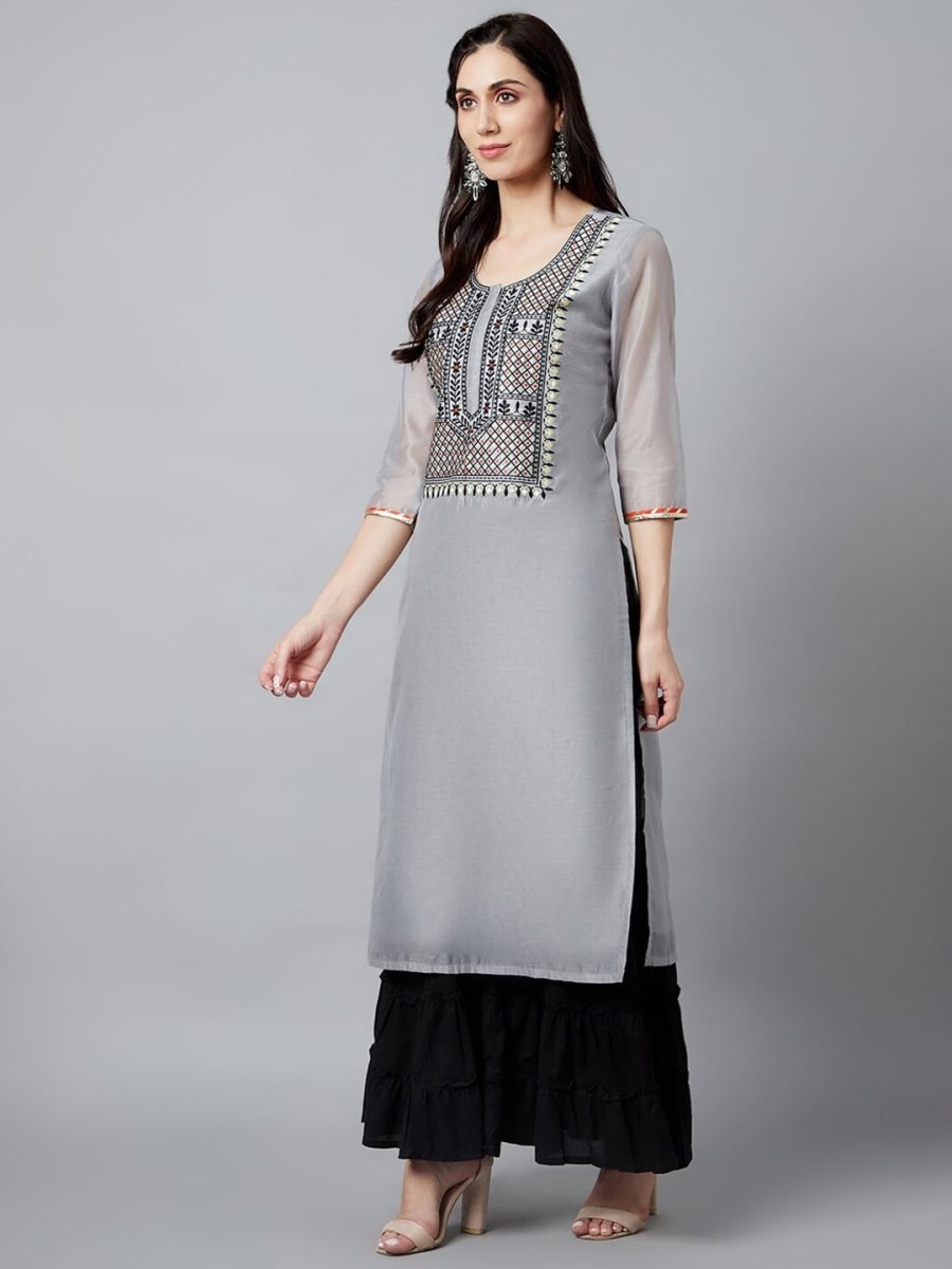 Aks Ethnic Motifs Yoke Design Thread Work Chanderi Silk Kurta | Grocsy
