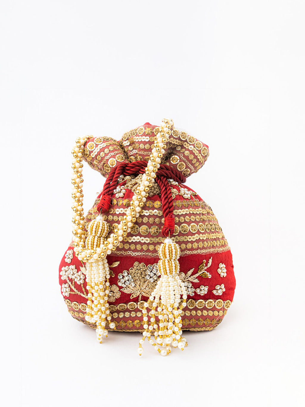 NR By Nidhi Rathi Maroon & Gold-Toned Persia Embroidered Potli Clutch | Grocsy
