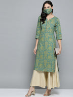 HERE&NOW Women Green & Golden Printed Straight Kurta | Grocsy