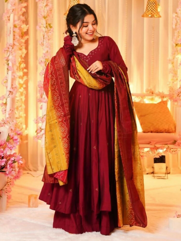 The52 Women's Beautiful Printed Work Viscose Fabric Flared Anarkali Palazzo and Dupatta Set | Grocsy
