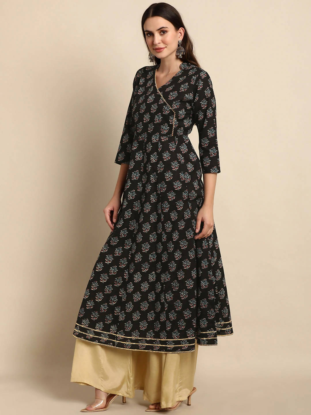 Janasya Women Black Ethnic Motif Printed Gotta Patti Anarkali Kurta | Grocsy