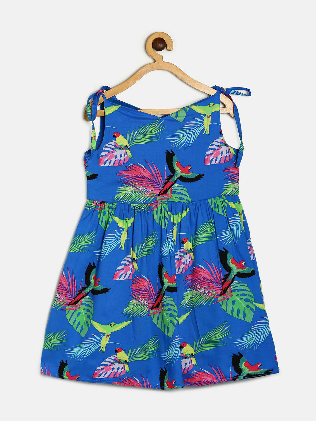 Manet Girls Cotton String Tie Frock Parrot Printed - Blue | Grocsy