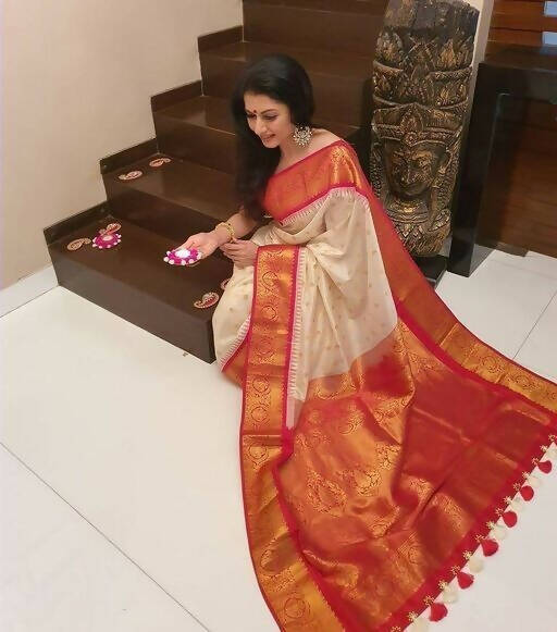 DEIANA'S Beautiful Designer Golden zari Soft Lichi Silk Saree - White | Grocsy