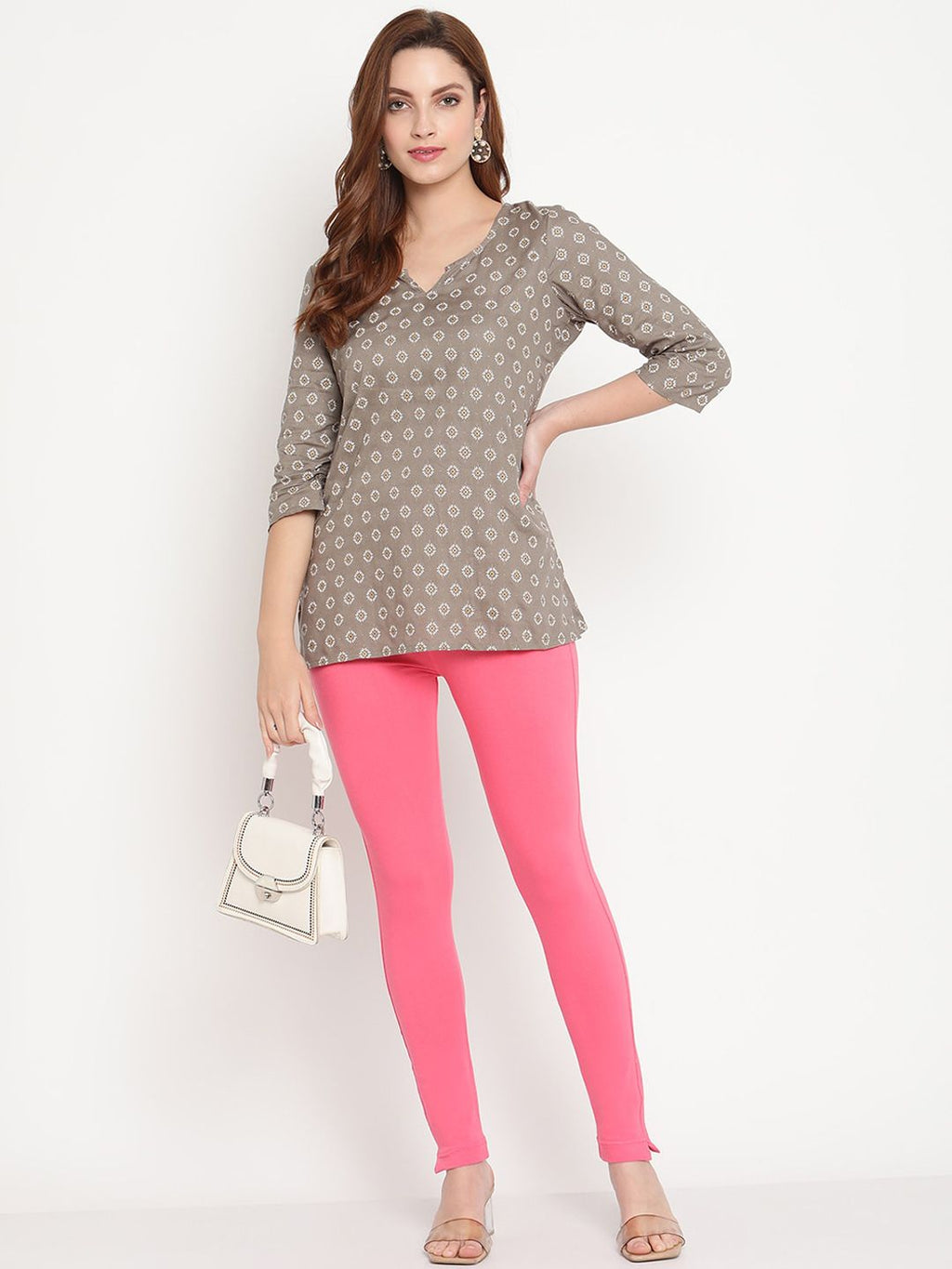 TAG 7 Set Of 2 Pink & Red Solid Leggings | Grocsy