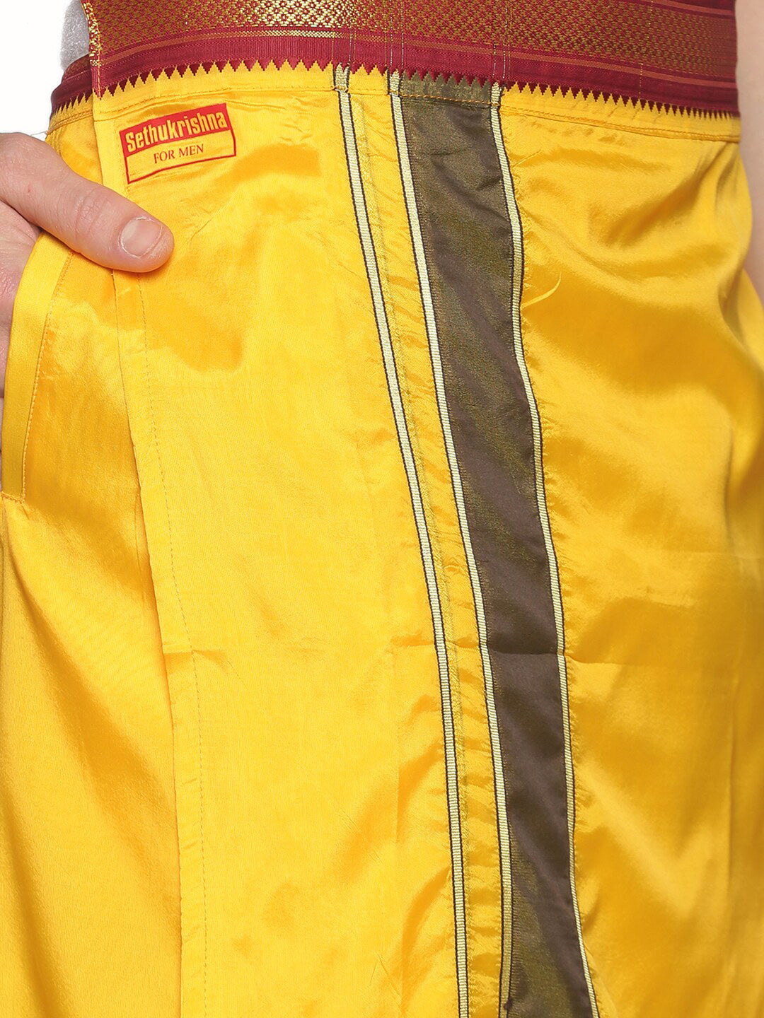Sethukrishna Men Yellow Solid Readymade Dhoti | Grocsy
