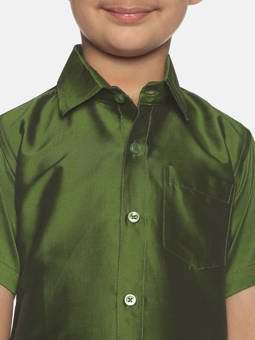 Sethukrishna Boys Olive Green & White Shirt And Veshti Set | Grocsy