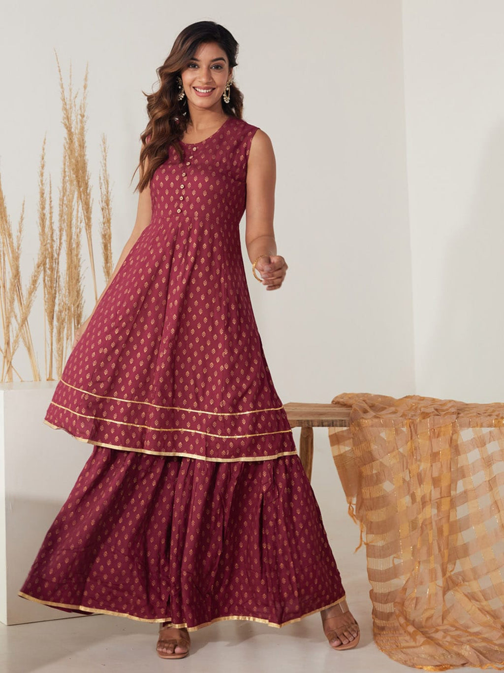 HERE&NOW Women Maroon Ethnic Motifs Printed Kurta with Palazzos & With Dupatta | Grocsy