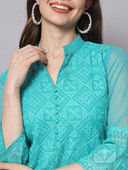 HERE&NOW Women Turquoise Blue Ethnic Motifs Embroidered Thread Work Georgette Kurta | Grocsy