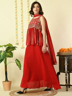 Myshka Women's Red Georgette Top & Skirt With Dupatta Party Sets | Grocsy