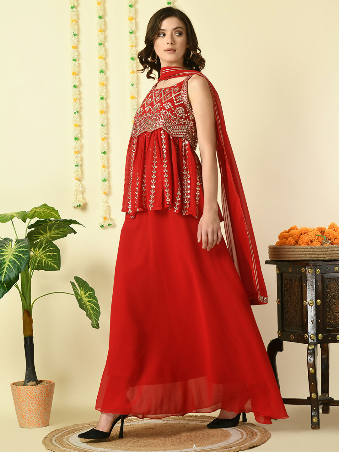 Myshka Women's Red Georgette Top & Skirt With Dupatta Party Sets | Grocsy