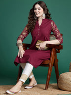Sangria Printed Sleeves A-Line Pure Cotton Kurta | Grocsy