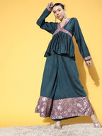 InWeave Women's Teal Mauve Brocade Mughal Shaan Kurta Palazzo Set | Grocsy