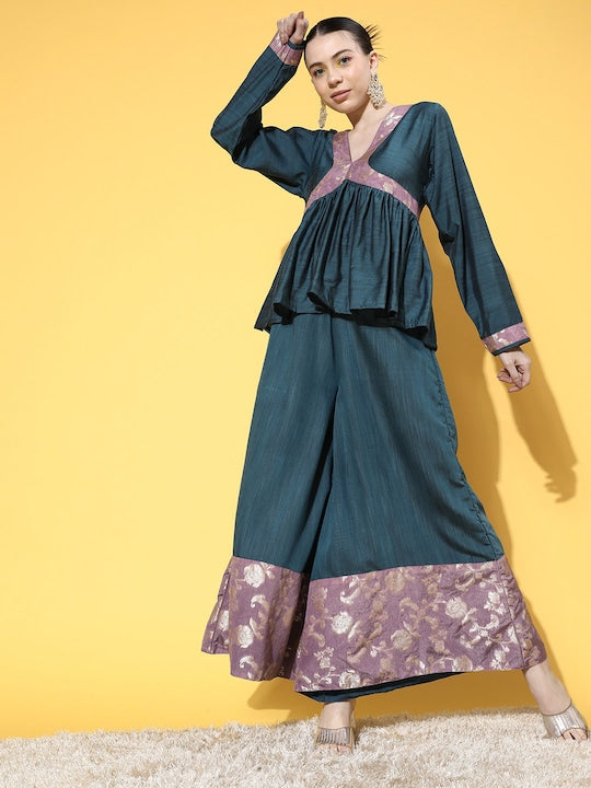 InWeave Women's Teal Mauve Brocade Mughal Shaan Kurta Palazzo Set | Grocsy