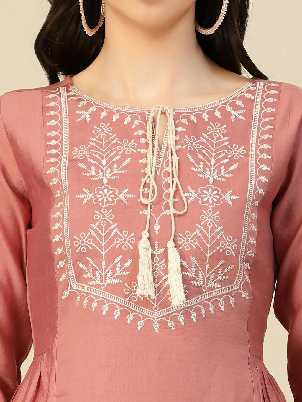 Peach Chinon Slub Floral Embroidered Top - Zeny | Grocsy