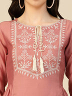 Peach Chinon Slub Floral Embroidered Top - Zeny | Grocsy