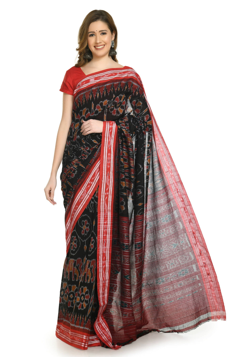 Vamika Sambalpuri Ikat Cotton Dehabandha Tribal Maroon & Orange Saree | Grocsy