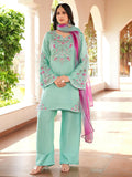 Nikhaar Light Green Embroidered Modal Silk Stitched Straight Cut Kurta Farshi Salwar Dupatta Readymade Suit | Grocsy
